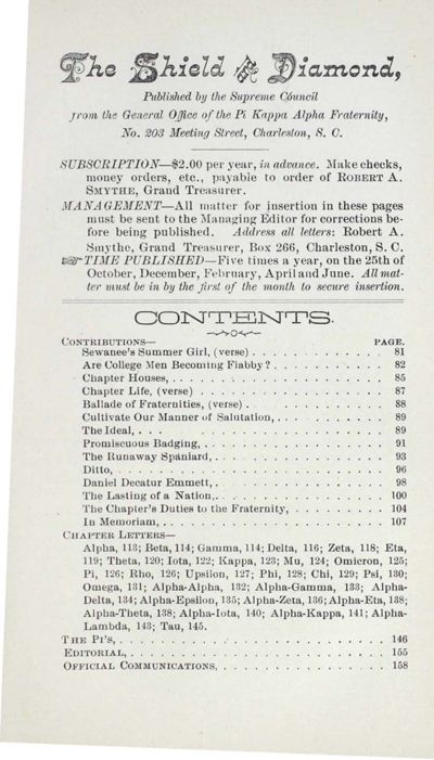 The Shield And Diamond, Vol. 16, No. 2, Table Of Contents
